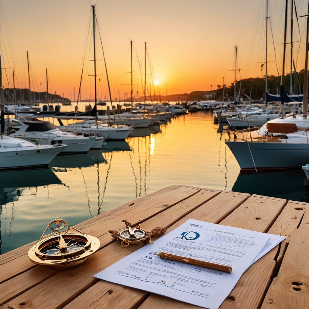 A serene harbor scene with a variety of yachts and boats anchored, showcasing their sleek designs and sails. In the foreground, an open insurance policy document rests on a wooden dock, with nautical elements like compasses and ropes scattered around. The sun sets in the background, casting golden hues over the water, creating an inviting atmosphere. super-realistic. vibrant colors. peaceful ambiance.