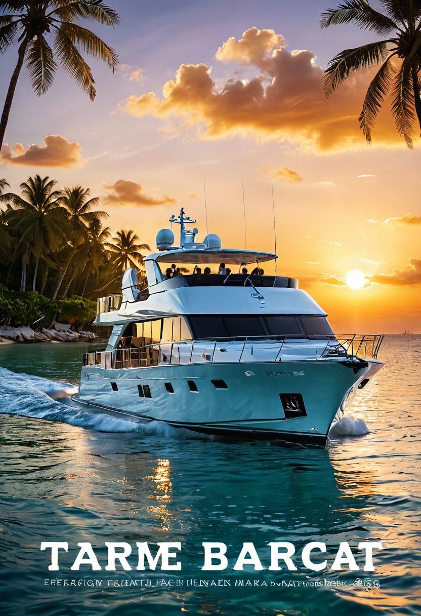 An elegantly crafted yacht sailing through crystal-clear waters, with a diverse group of happy people enjoying on board while bold text overlays highlight key strategies for liability insurance. In the background, a serene coastline with palm trees and a vibrant sunset adds warmth to the scene. Include a subtle watermark of a shield symbolizing protection. super-realistic. vibrant colors. nautical theme.