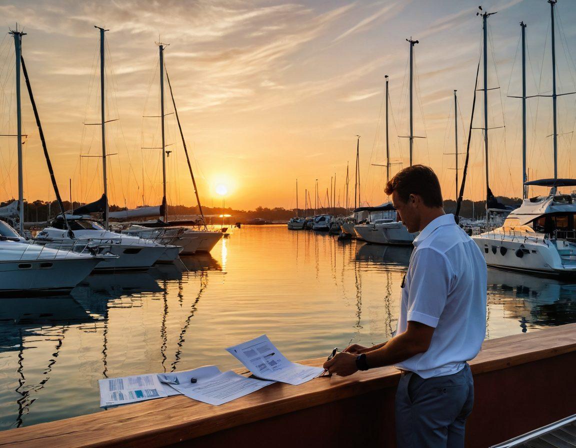 A serene marina at sunset with a collection of luxurious yachts docked, showcasing different styles and sizes. In the foreground, an experienced sailor examines a yacht policy document while contemplating the options. Surrounding elements include safety gear, charts, and a calm ocean in the background. The color palette is warm and inviting, emphasizing trust and security. super-realistic. vibrant colors. 3D.